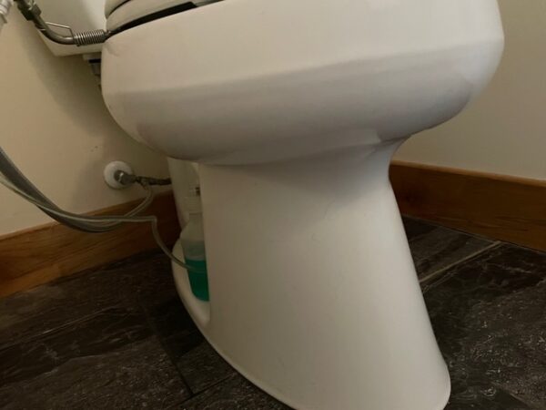 A close up of the toilet bowl with its lid open.